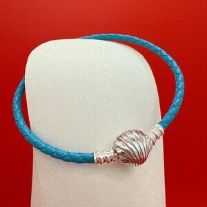 Pandora Moments Seashell Clasp Turquoise Braided Leather Bracelet Silver